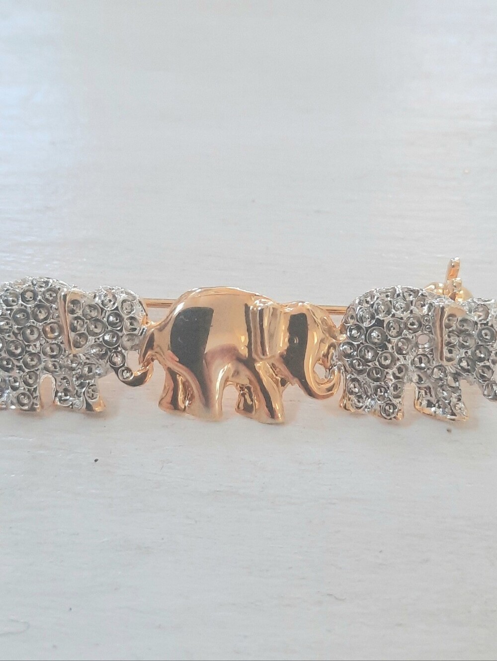 Goldtone Three Elephant Procession Brooch Rhinestone